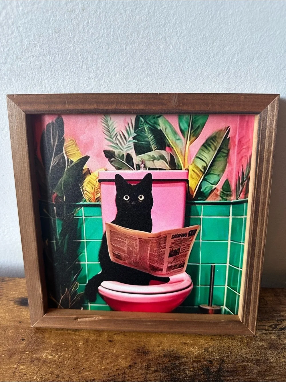 Framed Wooden Cat Bathroom Art Black Cat w/ Pink & Green Vibrant Background NWT - Picture 1 of 3